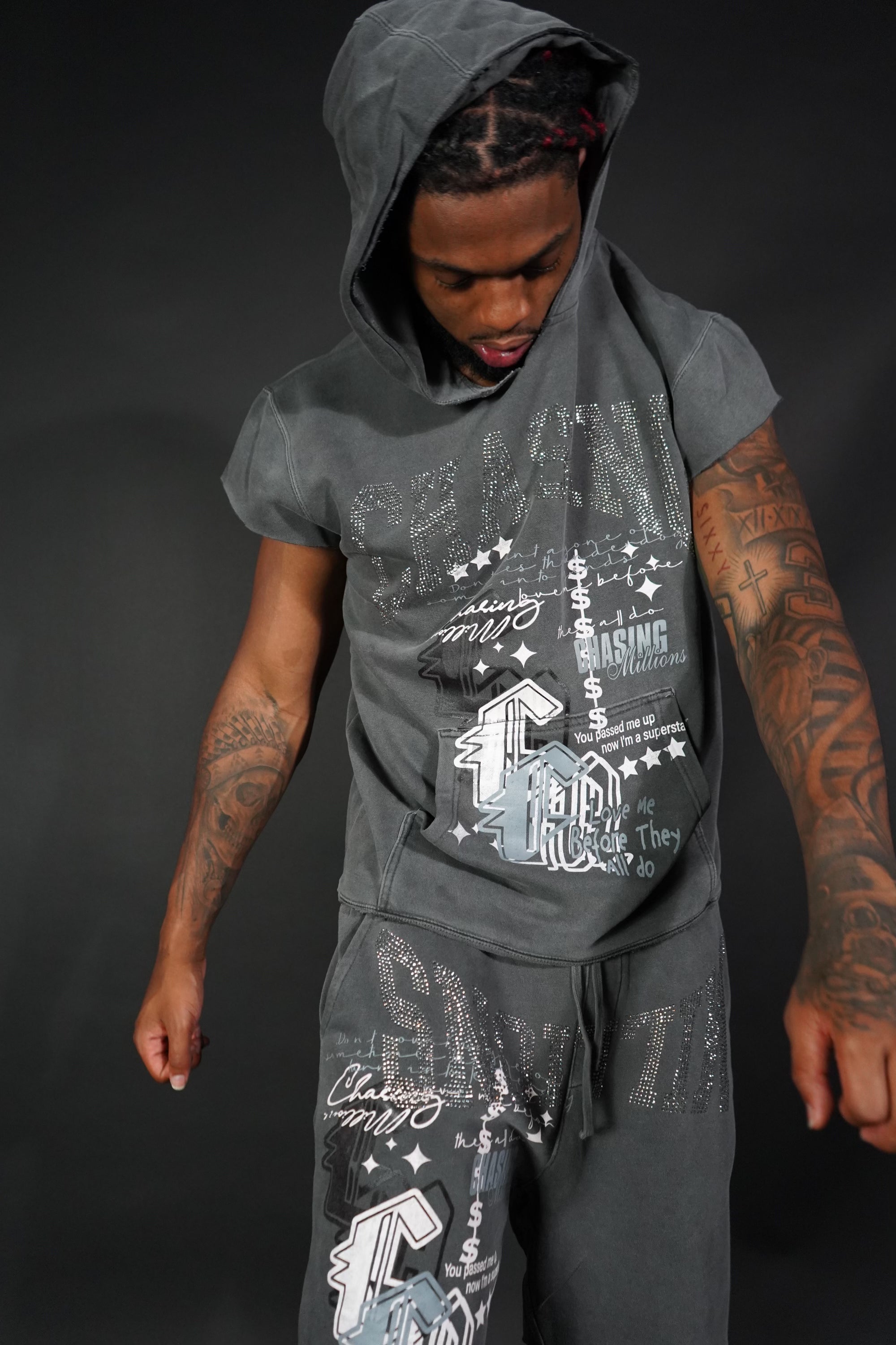 RHINESTONE SHORT SLEEVE HOODIE